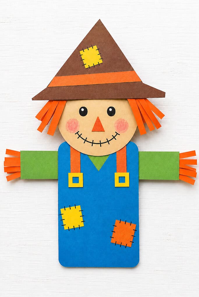Paper craft on a white wooden surface with a round tan face, orange paper-strip hair, black circular eyes, an orange triangular nose, pink cheeks, and a stitched smile. It wears a tall brown triangular hat with an orange band and yellow patch, a blue rectangular outfit with orange straps and yellow buckles, green outstretched arms, and yellow and orange stitched patches.