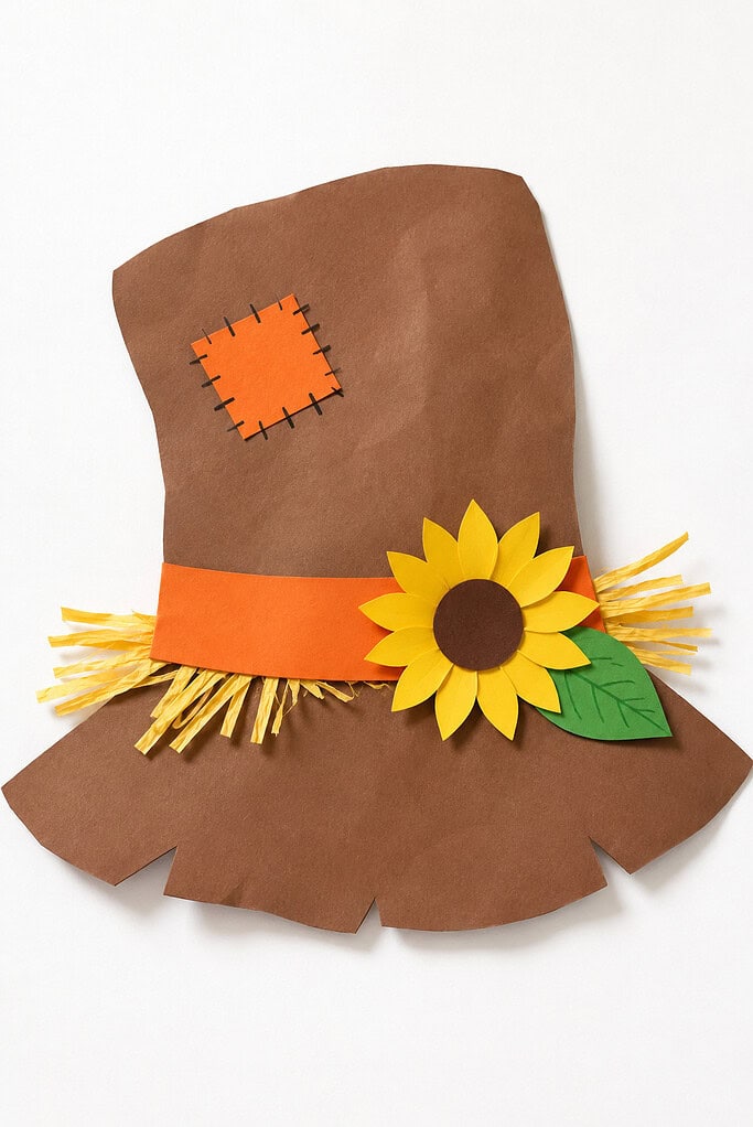 Brown paper hat on a white background with an orange band, stitched orange patch, yellow paper sunflower, green leaf, and raffia strands tucked beneath the band.
