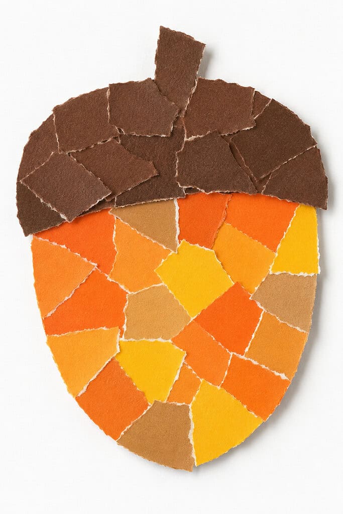 Acorn-shaped collage on a white background, made from torn paper pieces in brown, orange, yellow, and tan. The dark brown cap has overlapping scraps and a short rectangular stem, while the rounded lower section forms a bright patchwork pattern.