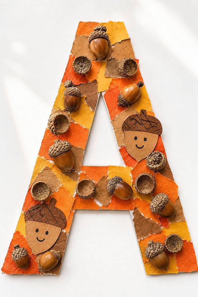 A large cardboard letter A covered with torn orange, yellow, and brown paper pieces. Whole acorns and empty acorn caps are attached across the surface, along with two smiling paper acorn cutouts, all on a white background.