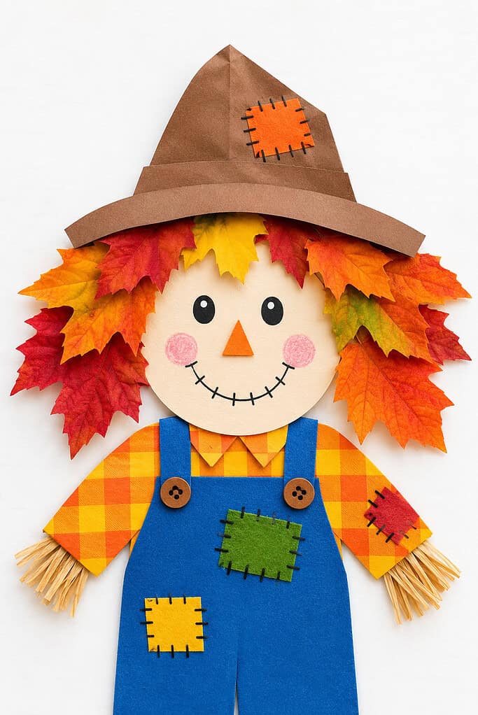 Paper figure on a white background with a round tan face, black oval eyes, an orange triangular nose, pink cheeks, and a stitched smile. It wears a brown pointed hat with an orange patch, red, orange, and yellow leaves around the head, an orange-and-yellow plaid shirt, and blue overalls with wooden buttons, colorful stitched patches, and raffia at the sleeve ends.