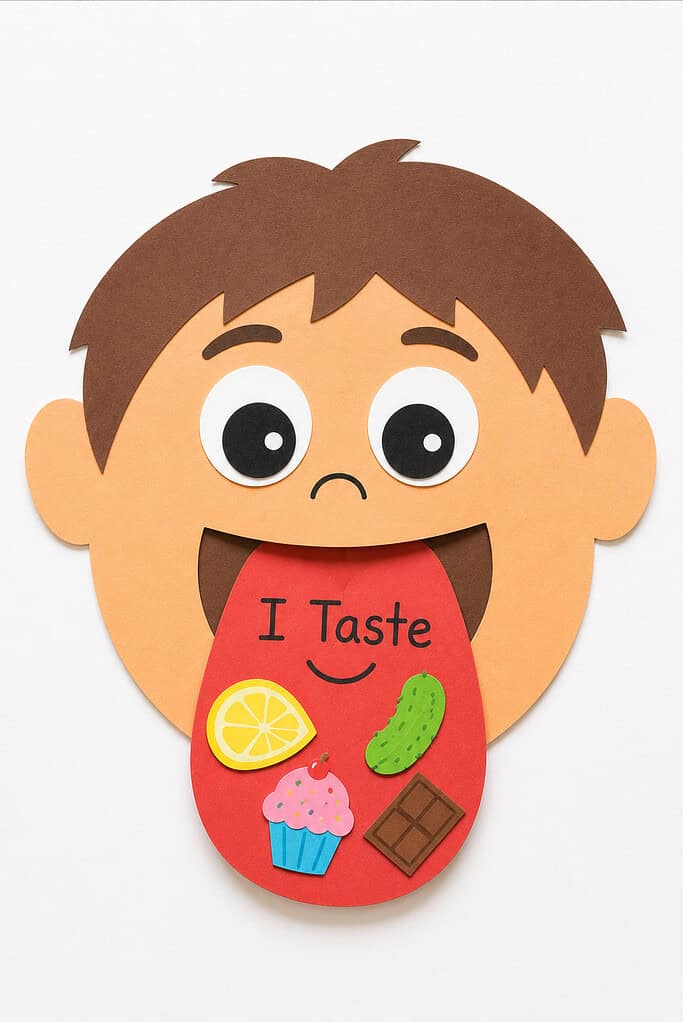 A paper face with brown hair, large black-and-white eyes, and an open mouth with a long red tongue labeled “I Taste,” decorated with paper cutouts of a lemon, pickle, cupcake, and chocolate bar.