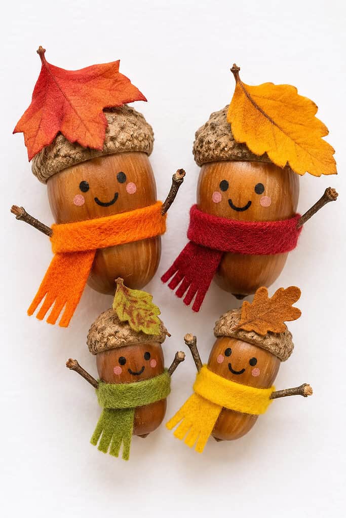 Four acorn figures on a white background with painted black eyes and smiles, pink cheeks, twig arms, colorful felt scarves, and red, orange, yellow, green, and brown leaves resting on their caps.