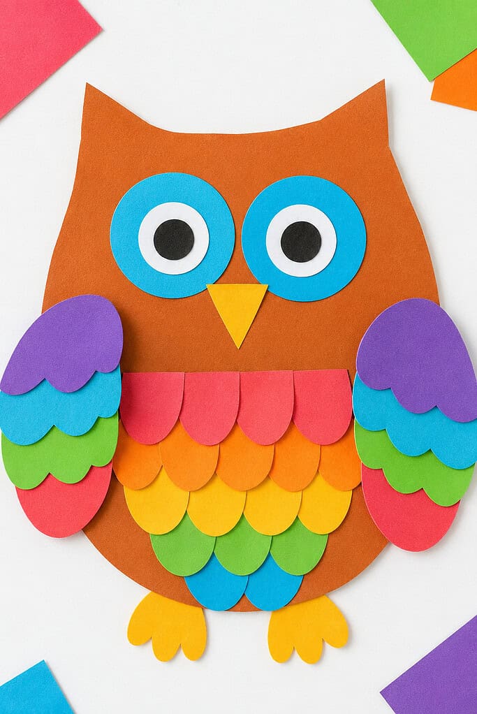 Owl craft made of colorful construction paper with an orange body, large blue and black eyes, an orange triangular beak, and layered purple, pink, green, yellow, and red paper feathers on the wings.