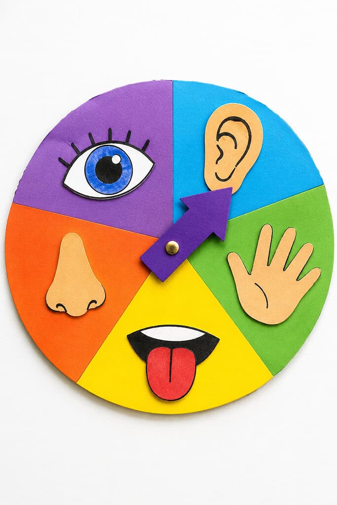Colorful paper spinner wheel with cutouts of an eye, ear, hand, tongue, and nose and a purple arrow fastened with a brass brad