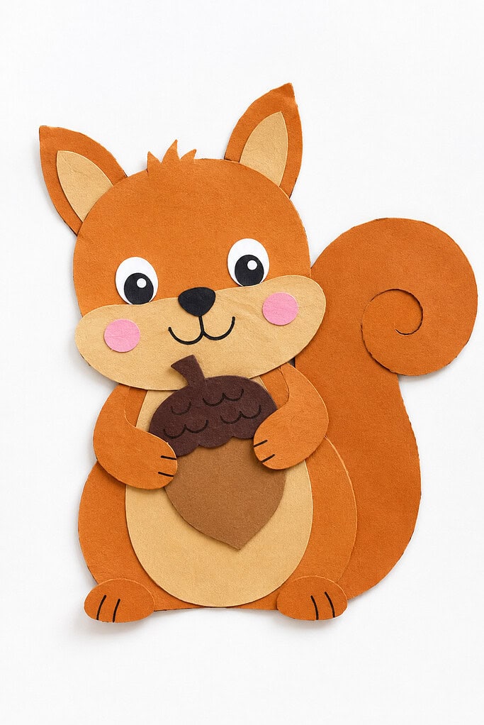 Orange paper squirrel with large pointed ears, wide eyes, pink cheeks, a beige muzzle and belly, and a curled tail. It is holding a layered brown acorn against its chest on a white background.