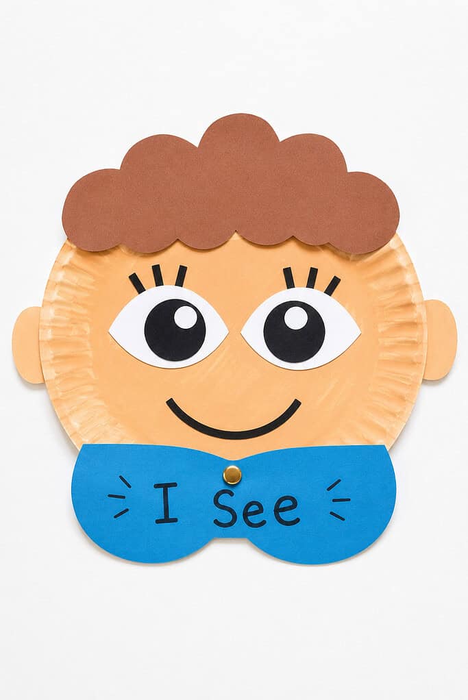 A peach-colored paper plate face with brown paper hair, oversized black-and-white eyes, a curved black smile, small ears, and a blue paper piece labeled “I See” on a bright white table.