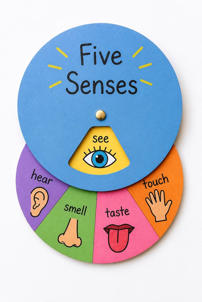 Colorful paper wheel craft with a blue top circle, five bright sections, handwritten labels, and simple drawings of an eye, ear, nose, tongue, and hand.
