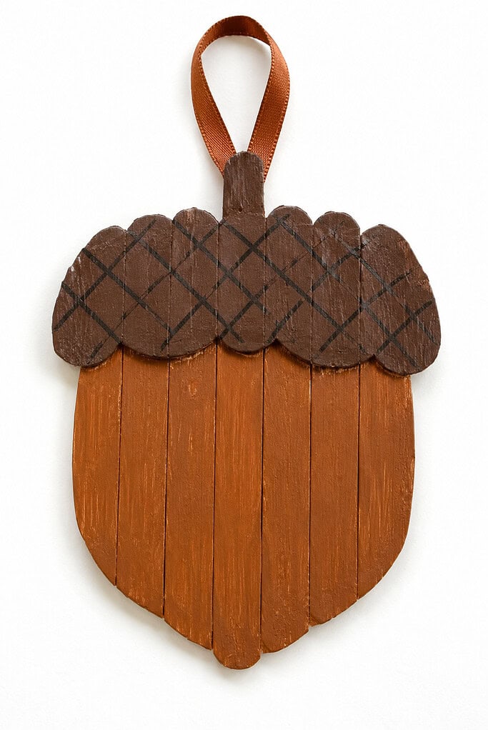 Acorn-shaped hanging craft made from painted wooden craft sticks, with a rounded brown body, dark brown scalloped cap marked with black crosshatch lines, a short stem, and a brown ribbon loop at the top.