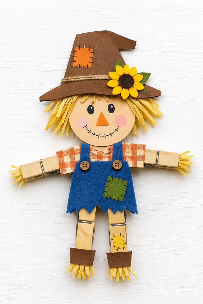 Handmade figure on a white wooden surface with a round tan face, yellow raffia hair, black eyes, an orange triangular nose, pink cheeks, and a stitched smile. It wears a brown hat with twine, an orange patch, and a yellow flower, plus an orange gingham shirt, blue felt overalls with wooden buttons and a green patch, and wooden clothespin arms and legs with yellow raffia ends.