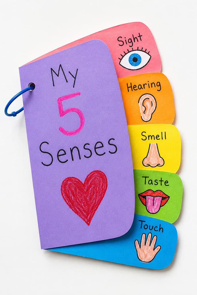 Colorful handmade mini book on a white table, with a purple cover labeled “My 5 Senses” and five bright tabs showing drawings of an eye, ear, nose, mouth with tongue, and hand.