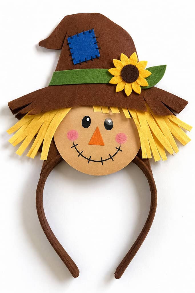 Brown fabric headband topped with a round tan face, yellow felt-strip hair, black oval eyes, an orange triangular nose, pink cheeks, and a stitched smile. A floppy brown felt hat with a green band, blue patch, yellow flower, and green leaf sits above the face.