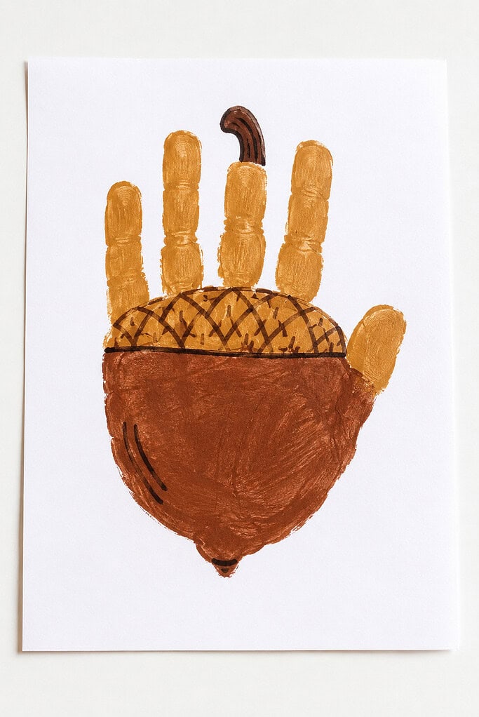 Brown and gold handprint painting on white paper, with the palm shaped into an acorn body, a crosshatched golden cap, four upright finger prints, a side thumb print, and a short curved brown stem.