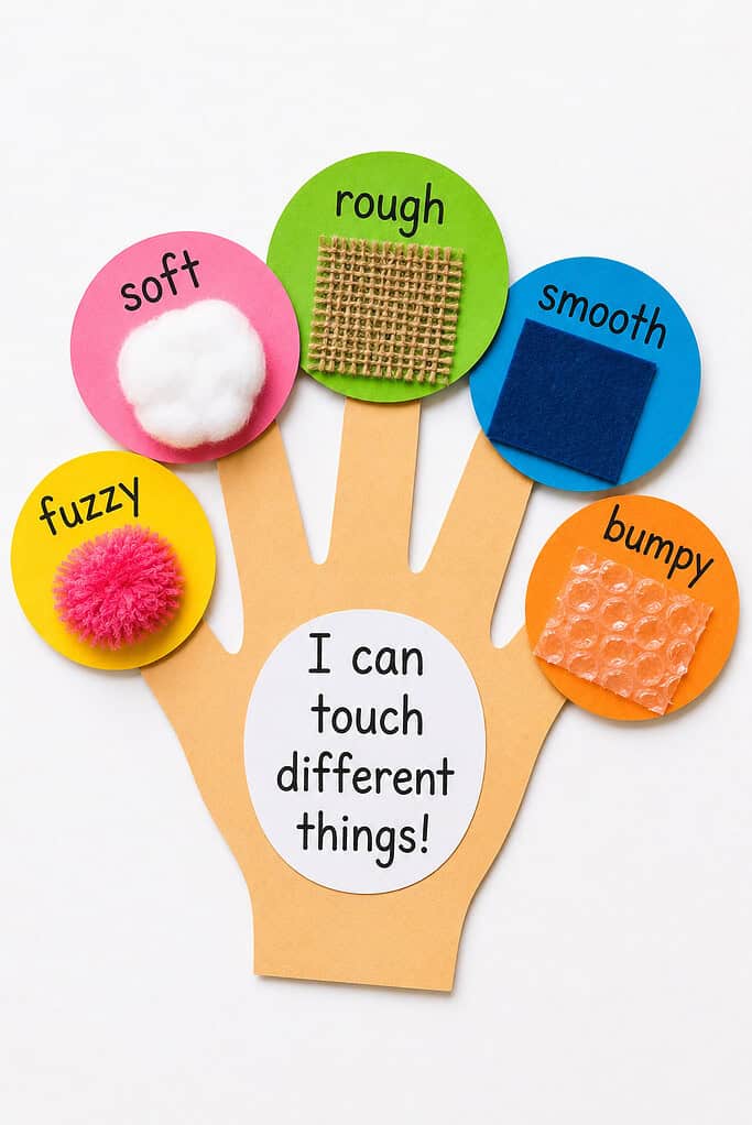 Hand-shaped paper craft with five colorful circles holding cotton, burlap, felt, a pom-pom, and bubble wrap, labeled soft, rough, smooth, fuzzy, and bumpy.