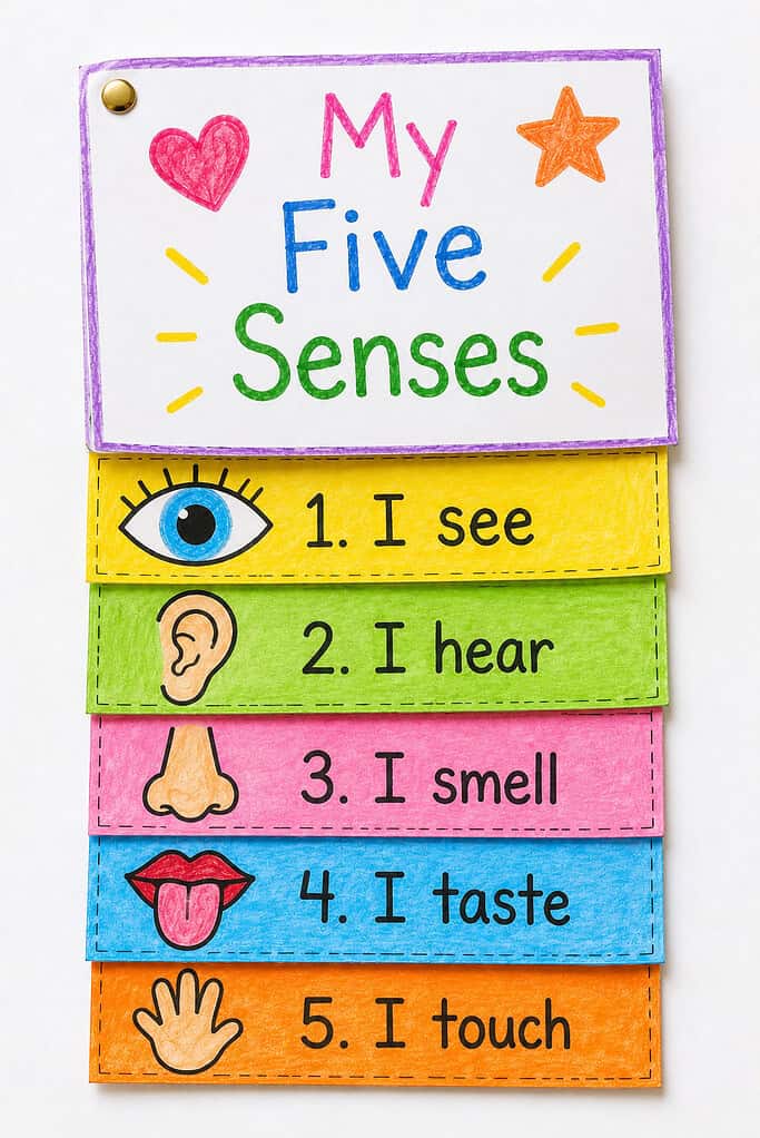 Colorful paper flip book with a “My Five Senses” cover and five layered tabs featuring drawings of an eye, ear, nose, tongue, and hand.