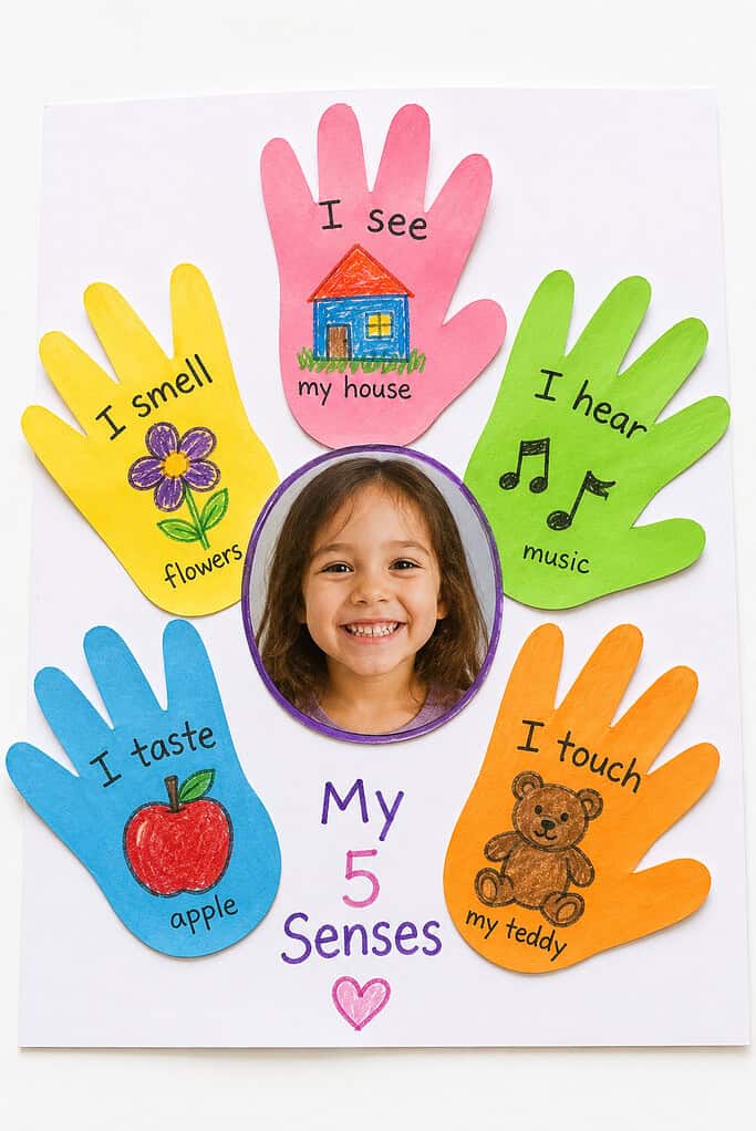A white poster with a smiling child’s photo in the center, surrounded by five colorful paper hand cutouts featuring handwritten labels and drawings of a house, music notes, a teddy bear, an apple, and a flower.