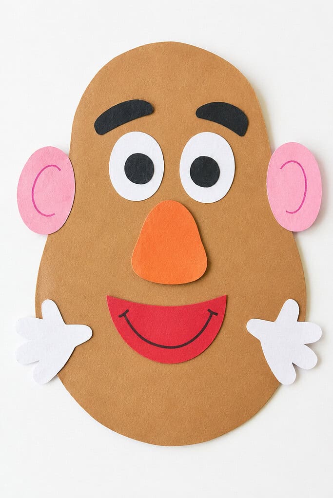 A brown paper potato-shaped face with large white-and-black eyes, black eyebrows, pink ears, an orange nose, a red smiling mouth, and two white paper hands on a bright white table.