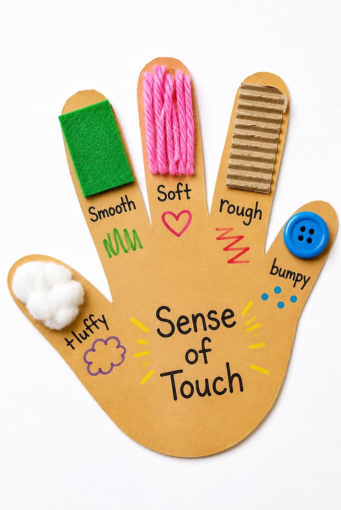 Preschool five senses hand craft with colorful textures for teaching touch, including cotton, felt, yarn, cardboard, and a button.