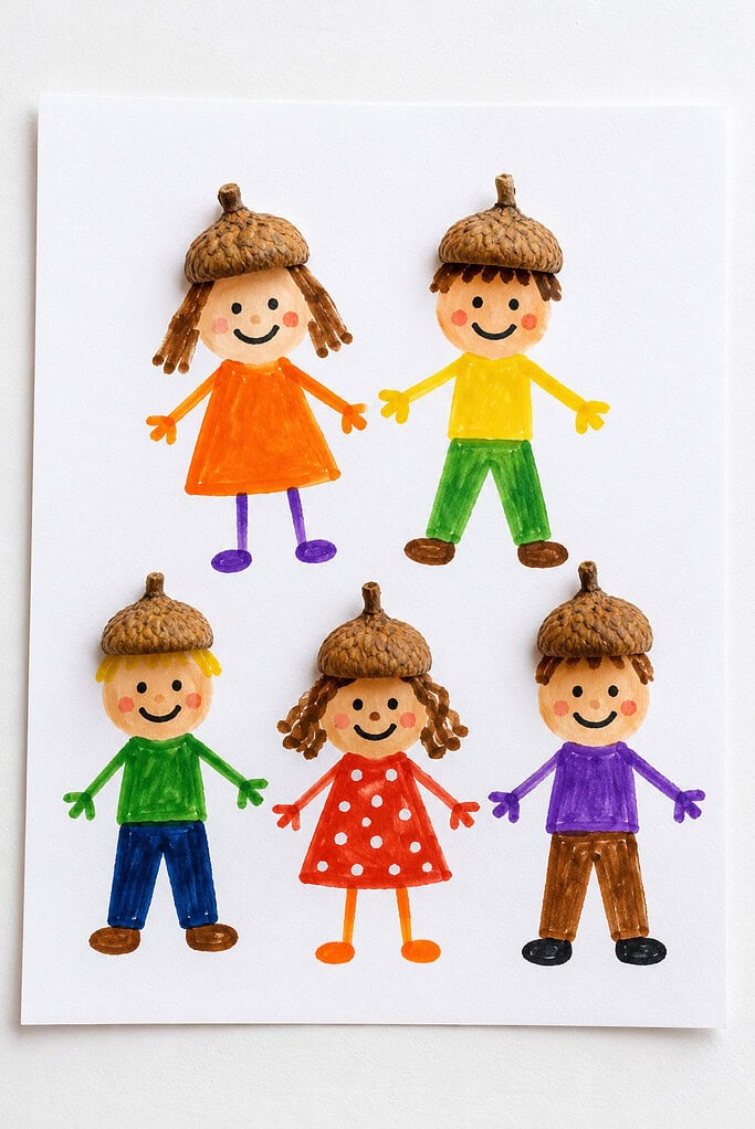Five smiling painted figures on white paper, each wearing a real acorn cap. They have round tan faces, rosy cheeks, simple black features, colorful clothing in orange, yellow, green, red, purple, and blue, and painted arms and legs.