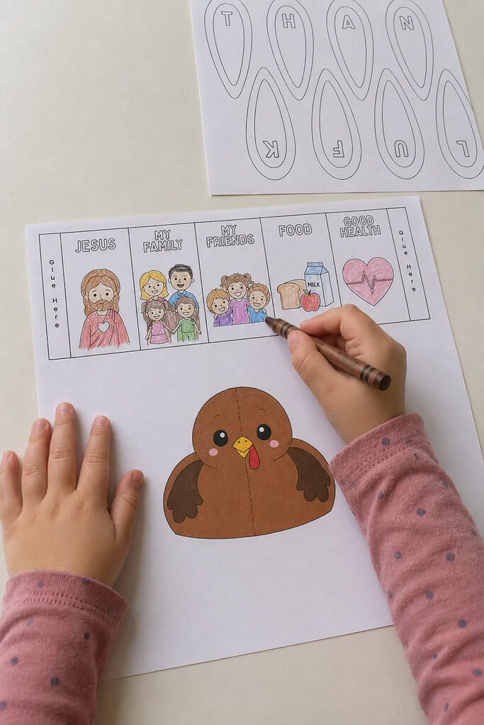 A child's hands coloring a black and white printed turkey with a brown crayon on a white table, with a panel strip and feather outlines nearby