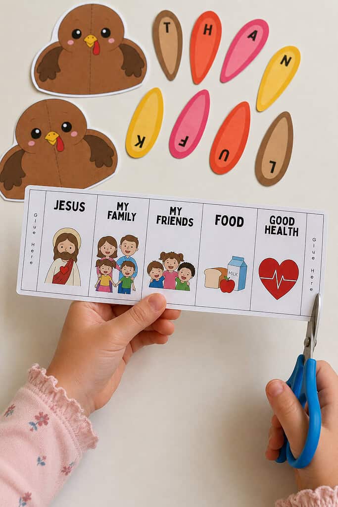 A child's hands cutting out a long paper accordion strip in one piece, with two paper turkeys and colorful lettered feathers scattered on a white table