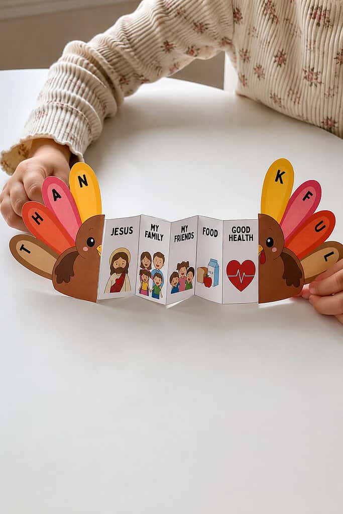 A child's hands standing the finished accordion turkey craft upright on a white table, with two turkeys, THANKFUL feathers, and picture panels between them