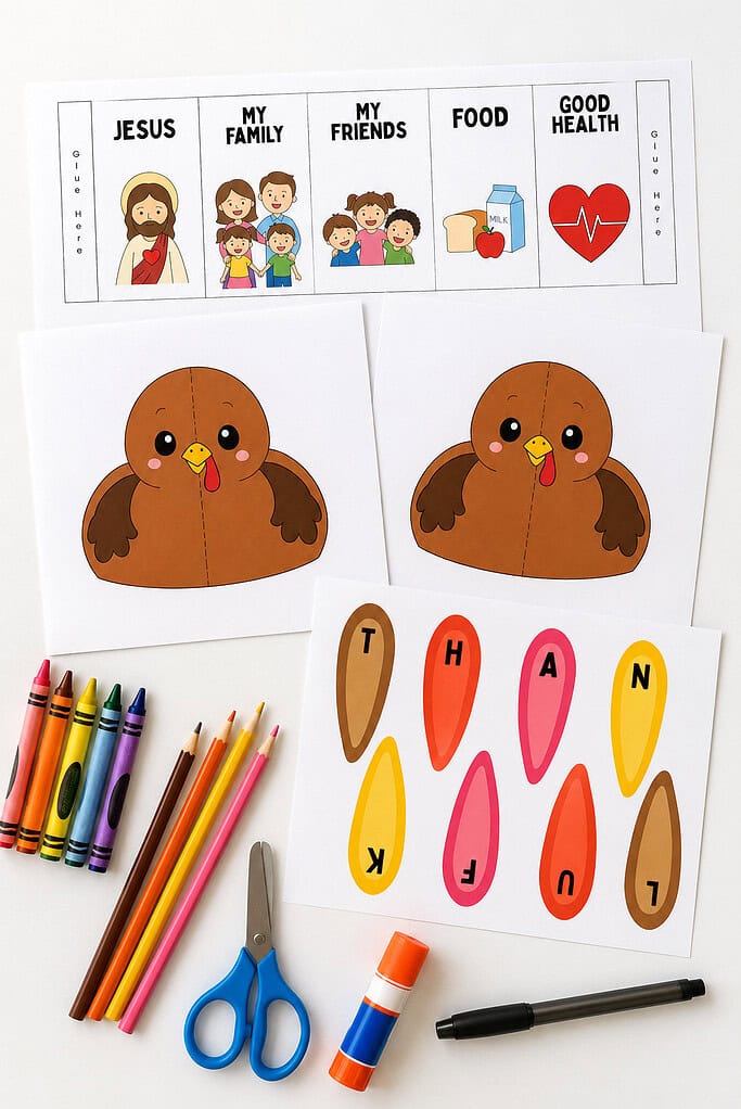 Printed turkey craft pages with two turkeys, a panel strip, and lettered feathers, plus crayons, scissors, a glue stick, and a pen on a white table