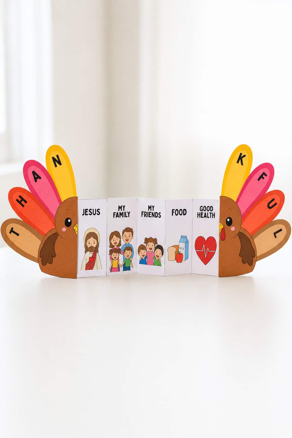 A standing paper accordion craft with a brown turkey at each end and eight feathers spelling THANKFUL, with five panels between them showing Jesus, family, friends, food, and health