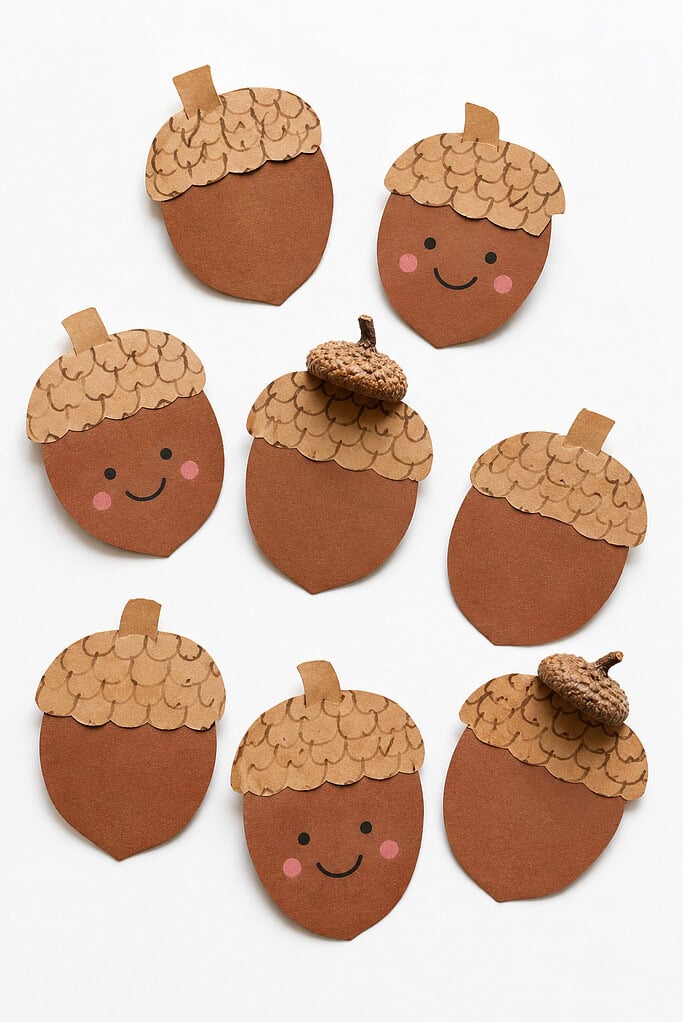 Eight brown paper acorn cutouts with tan scalloped caps arranged on a white background, some with drawn smiling faces and pink cheeks, two with real acorn caps glued on top
