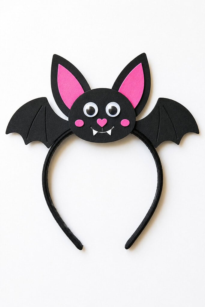Black headband with a round bat face, paper wings, tall pink-lined ears, googly eyes, pink cheeks and nose, a small smile, and two white fangs on a white background.