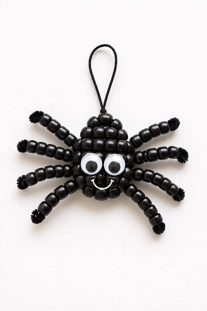 Black beaded spider with legs and a rounded body made from black pony beads strung on pipe cleaners, googly eyes, a smile, and a black cord for hanging, on a white background