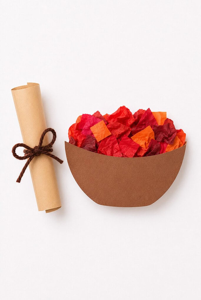 A rolled paper scroll tied with brown twine next to a brown paper bowl filled with crumpled red and orange paper pieces.