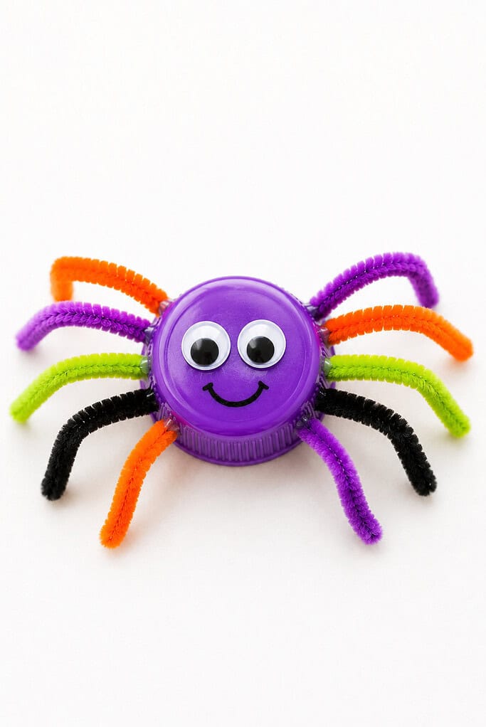 Purple bottle cap spider with googly eyes, a smile, and colorful pipe cleaner legs in orange, purple, green, and black glued around it