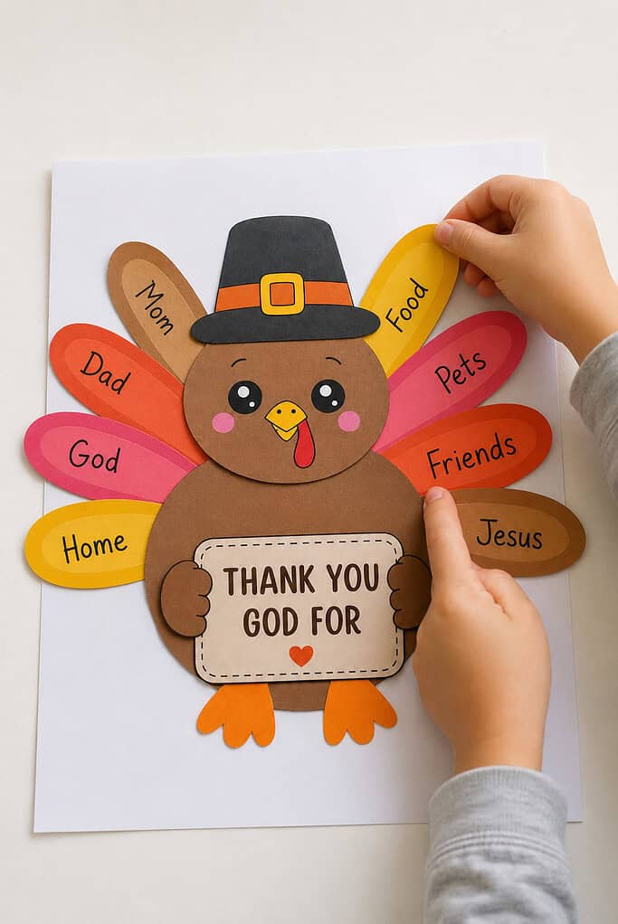 A child's hands gluing colorful paper feathers around an assembled paper turkey on white paper so they fan out like a tail, on a white table