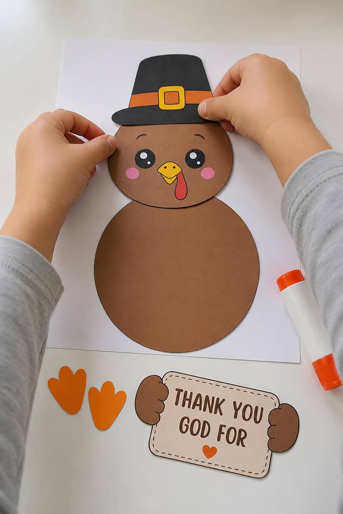 A child's hands gluing paper turkey pieces onto white paper, placing the head and hat on the body, with the feet and sign beside it on a white table