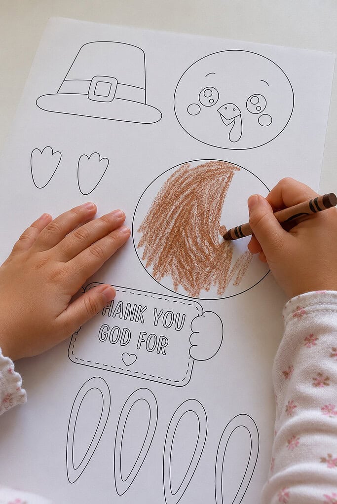 A child's hands coloring a black and white printed turkey body piece with a brown crayon on a white table, with other pieces nearby
