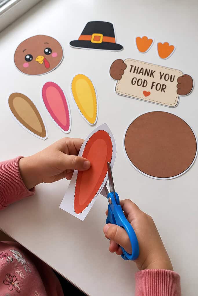 A child's hands cutting out a paper turkey piece with scissors, with the head, hat, feet, hands, and colorful feathers scattered on a white table