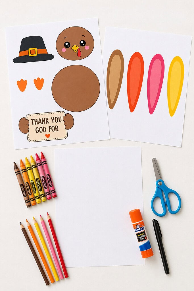 Printed turkey craft pages with separate paper pieces and feathers, a blank sheet of paper, crayons, scissors, a glue stick, and a pen on a white table