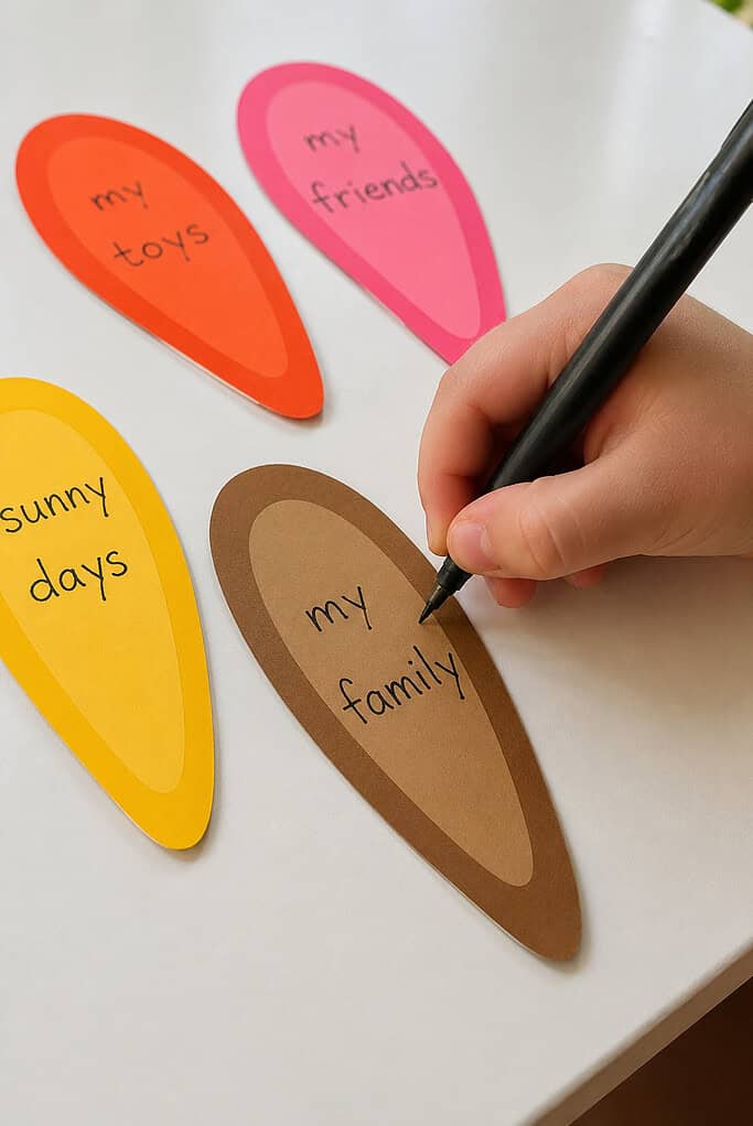 A child's hand writing with a pen on a paper feather, with other handwritten brown, red-orange, pink, and gold feathers on a white table