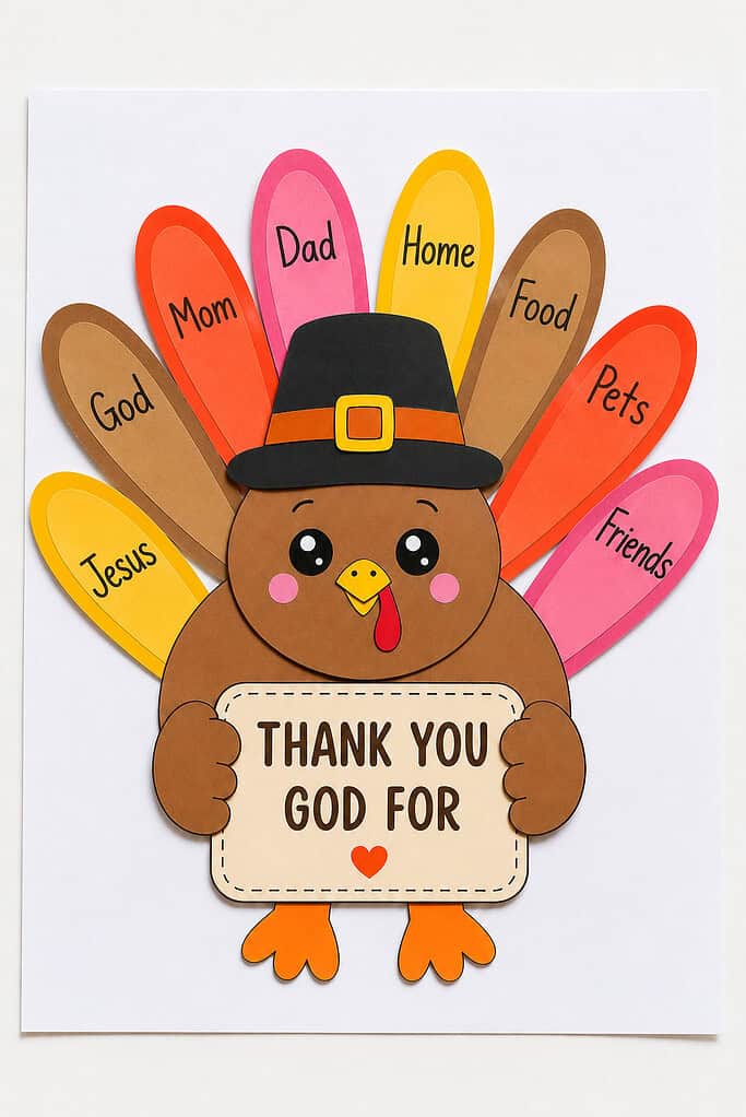 A flat paper turkey craft built from separate pieces on white paper, wearing a black pilgrim hat and holding a sign, with brown, red-orange, pink, and gold feathers fanned behind it