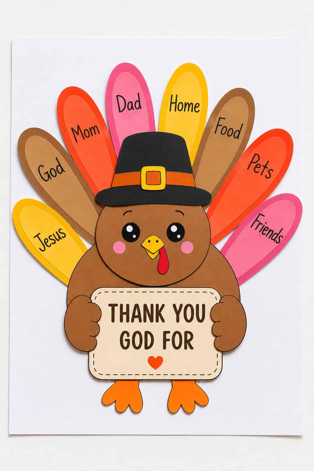 A flat paper turkey craft built from separate pieces on white paper, wearing a black pilgrim hat and holding a sign, with brown, red-orange, pink, and gold feathers fanned behind it
