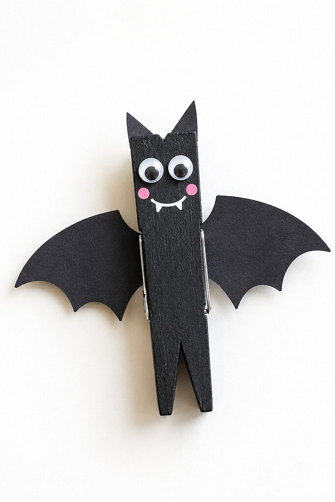 Black-painted wooden clothespin with black paper wings and pointed ears, googly eyes, pink cheeks, and a white smiling mouth on a bright white table.
