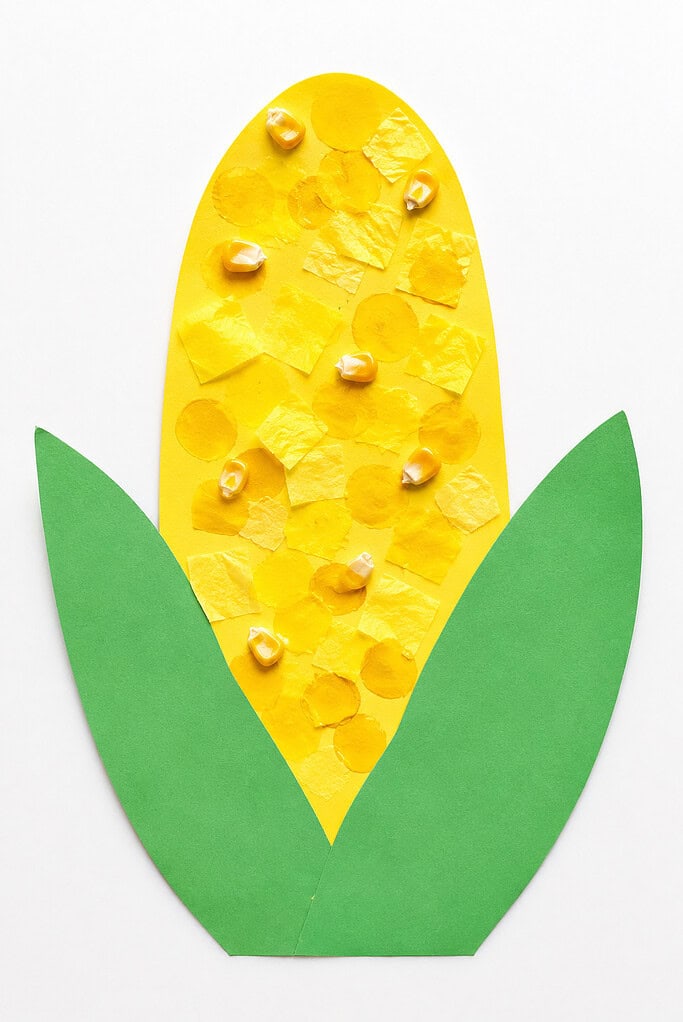 A yellow oval-shaped paper corn cob covered with torn yellow tissue paper pieces and real corn kernels, flanked by two large green paper leaf shapes on a white background