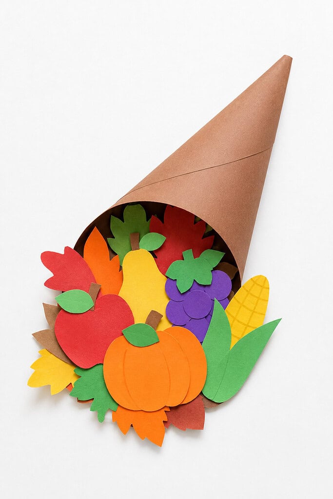 A brown paper cone lying on its side with colorful paper cutouts spilling out, including an orange pumpkin, red apple, green pear, purple grapes, yellow corn, and red, orange, and green leaves