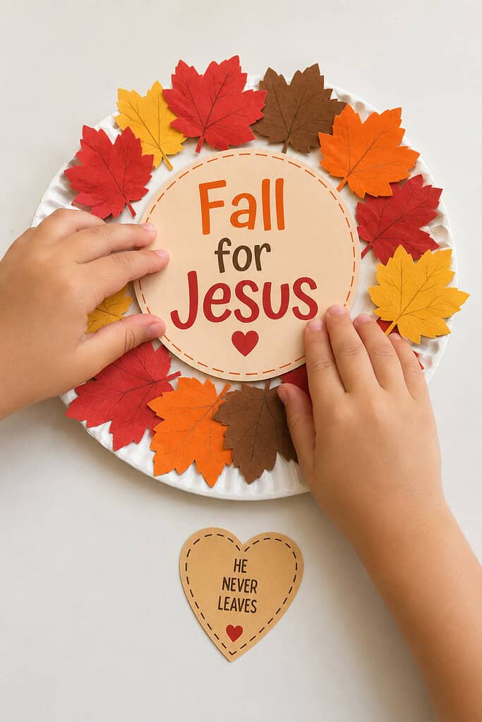 A child's hands gluing a "Fall for Jesus" center circle into a leaf wreath on a paper plate, with a "He never leaves" heart tag beside it on a white table