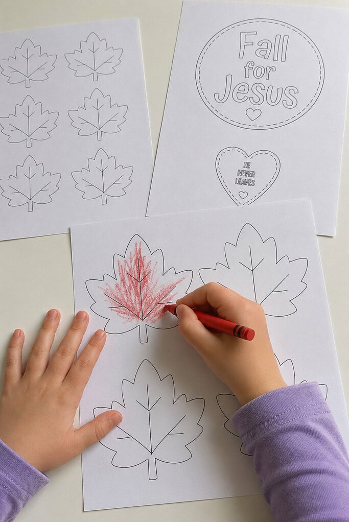 A child's hands coloring a black and white printed leaf with a red crayon on a white table, with more leaf pages nearby