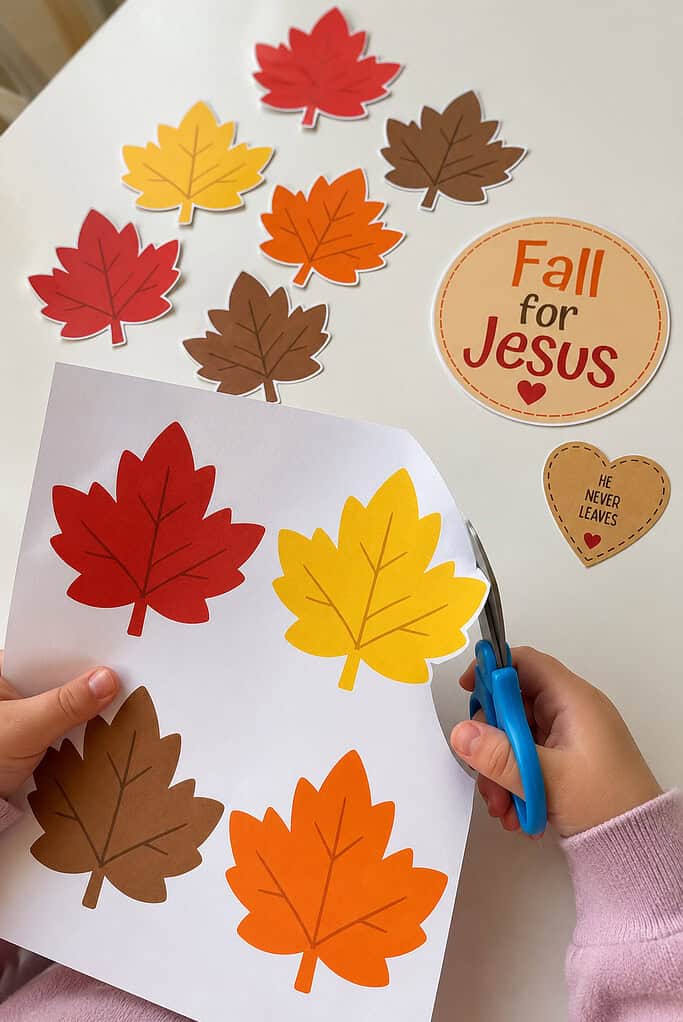 A child's hands cutting out a paper leaf with scissors, with loose red, gold, brown, and orange leaves, a center circle, and a heart tag on a white table