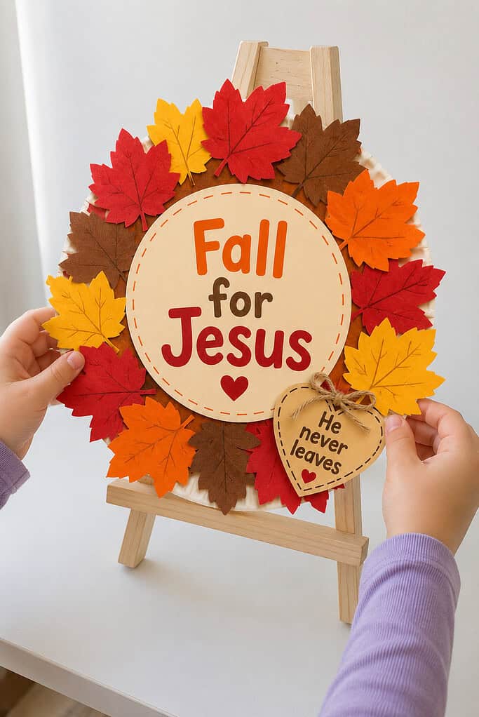 A child's hands setting a finished paper plate leaf wreath with a "Fall for Jesus" center and "He never leaves" tag onto a small easel on a white table