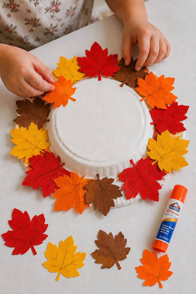 A child's hands gluing colorful paper leaves around the rim of a white paper plate to form a wreath, with loose leaves and a glue stick on a white table