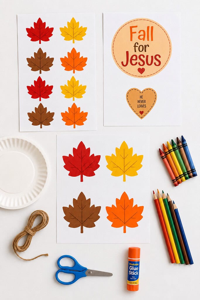 Printed wreath craft pages, a white paper plate, crayons, scissors, a glue stick, and twine laid out on a white table